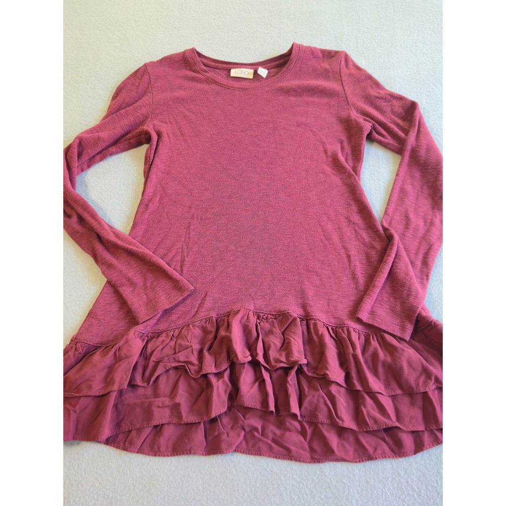 LOGO Lori Goldstein Tunic Top Womens XXS Burgundy Ruffle Tiered Hem Slub Knit